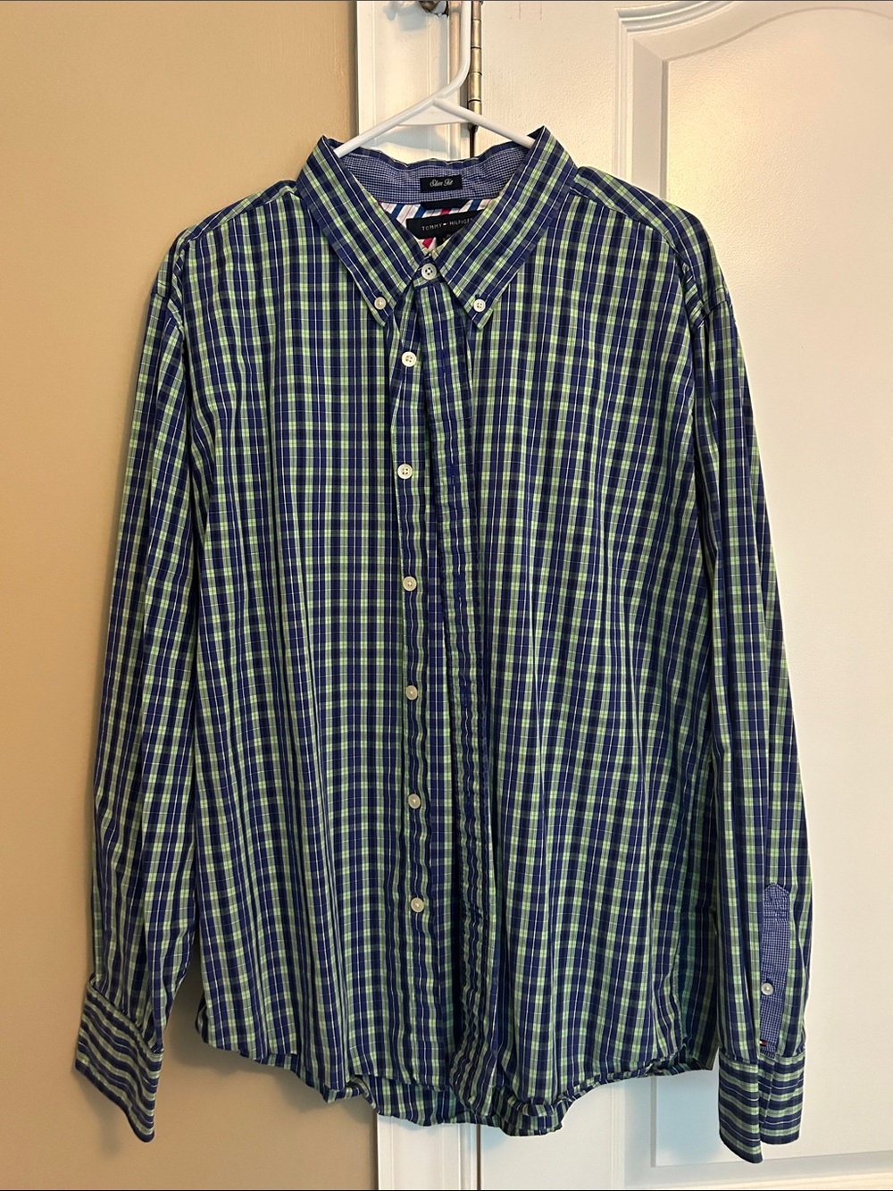 Tommy Hilfiger Blue and Green Plaid Button-Down Shirt with flip cuff